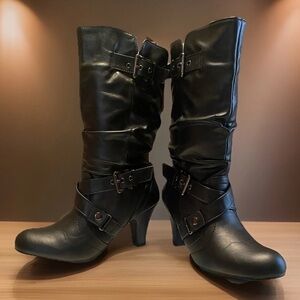 Maurices Women's Boots Size 8.5 Black Heel Strap W Silver Buckle Faux Leather